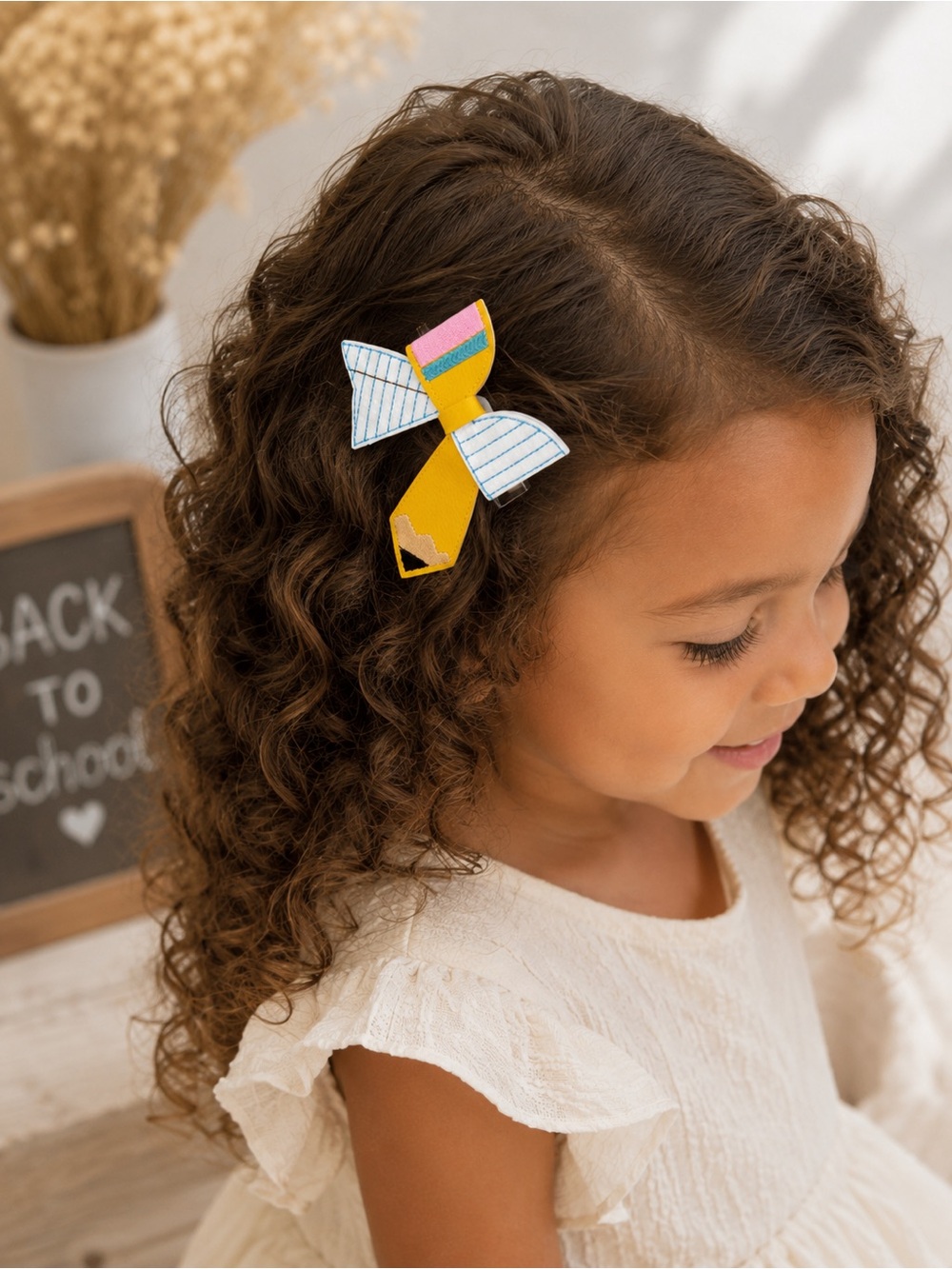 Back to School Pencil Bow Hair Clip for Girls – Yellow Pencil & Notebook Paper B
